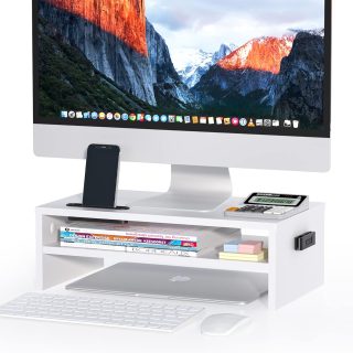 BONTEC Wooden Monitor Stand Riser, 2-Tier Desk Shelf with Storage Organizer, Ergonomic Computer Stand with Cable Management, Cellphone Holder, White, 16.5 Inch