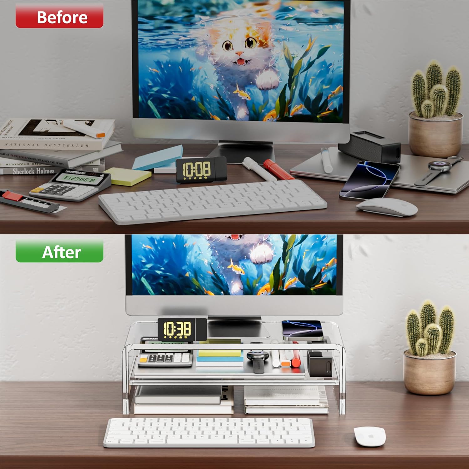 Clear Acrylic Monitor Stand Riser 2 Tier, 5.12 Inches High Clear Computer Desk Organizer Shelf for Multi Media PC Storage Laptop - Image 4