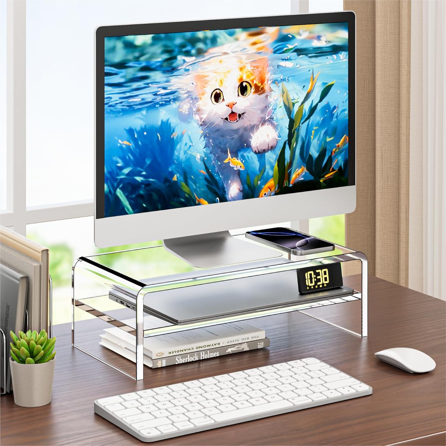 Clear Acrylic Monitor Stand Riser 2 Tier, 5.12 Inches High Clear Computer Desk Organizer Shelf for Multi Media PC Storage Laptop - Image 6
