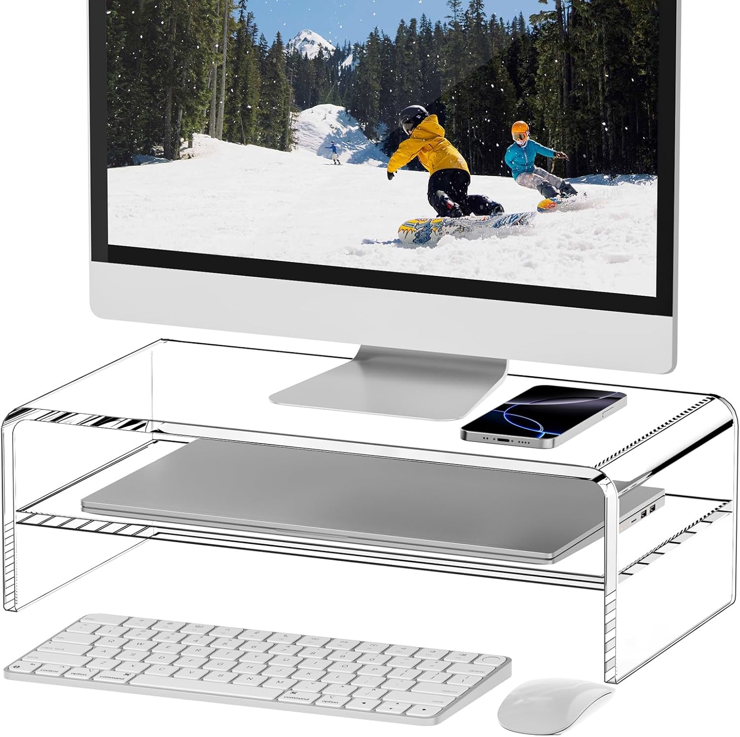 Clear Acrylic Monitor Stand Riser 2 Tier, 5.12 Inches High Clear Computer Desk Organizer Shelf for Multi Media PC Storage Laptop - Image 8