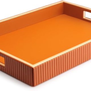 SANZIE Leather Tray Desktop Storage Organizer Premium Serving Tray Decorative Tray Valet Tray for Sundries Cosmetics Phone Wallet Cutlery, Rectangular, Orange